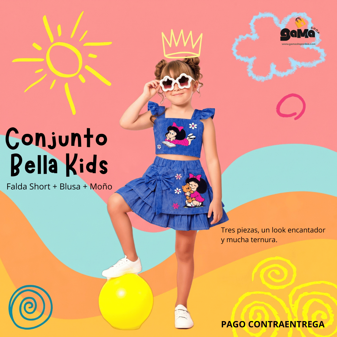 Conjunto Bella Kids - Falda Short + Blusa + Moño