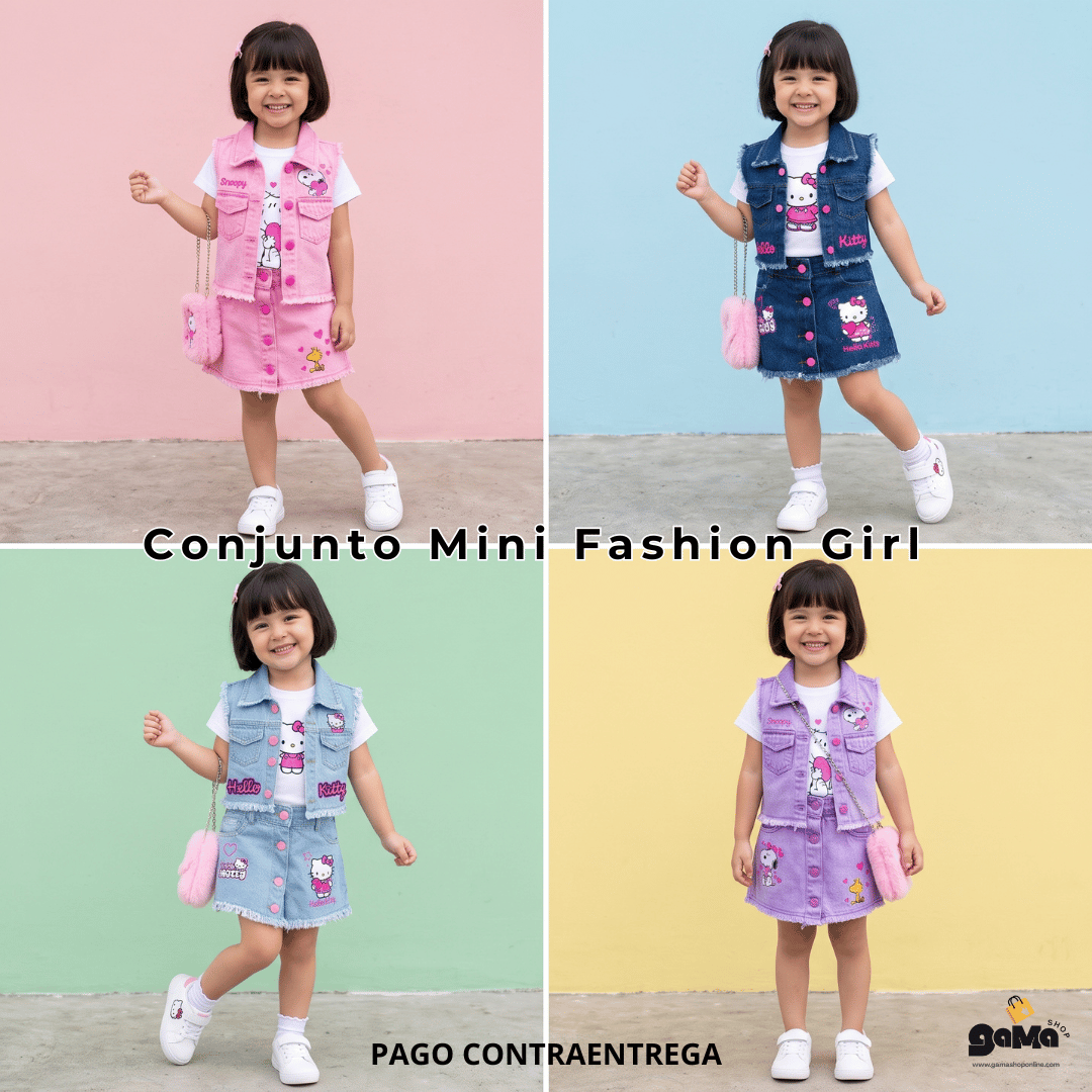 Conjunto Mini Fashion Girl - Falda short, blusa, chaleco y bolso.