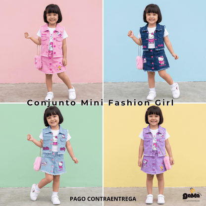 Conjunto Mini Fashion Girl - Falda short, blusa, chaleco y bolso.