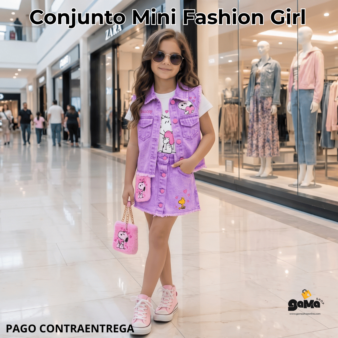 Conjunto Mini Fashion Girl - Falda short, blusa, chaleco y bolso.