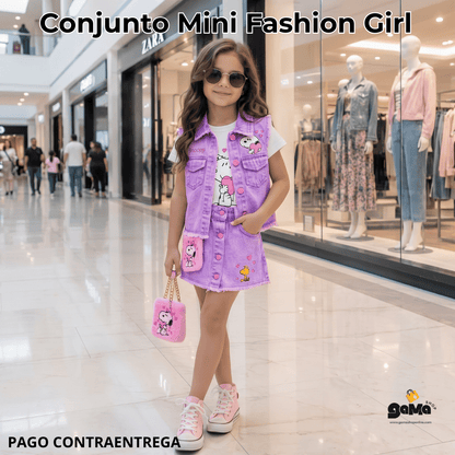 Conjunto Mini Fashion Girl - Falda short, blusa, chaleco y bolso.