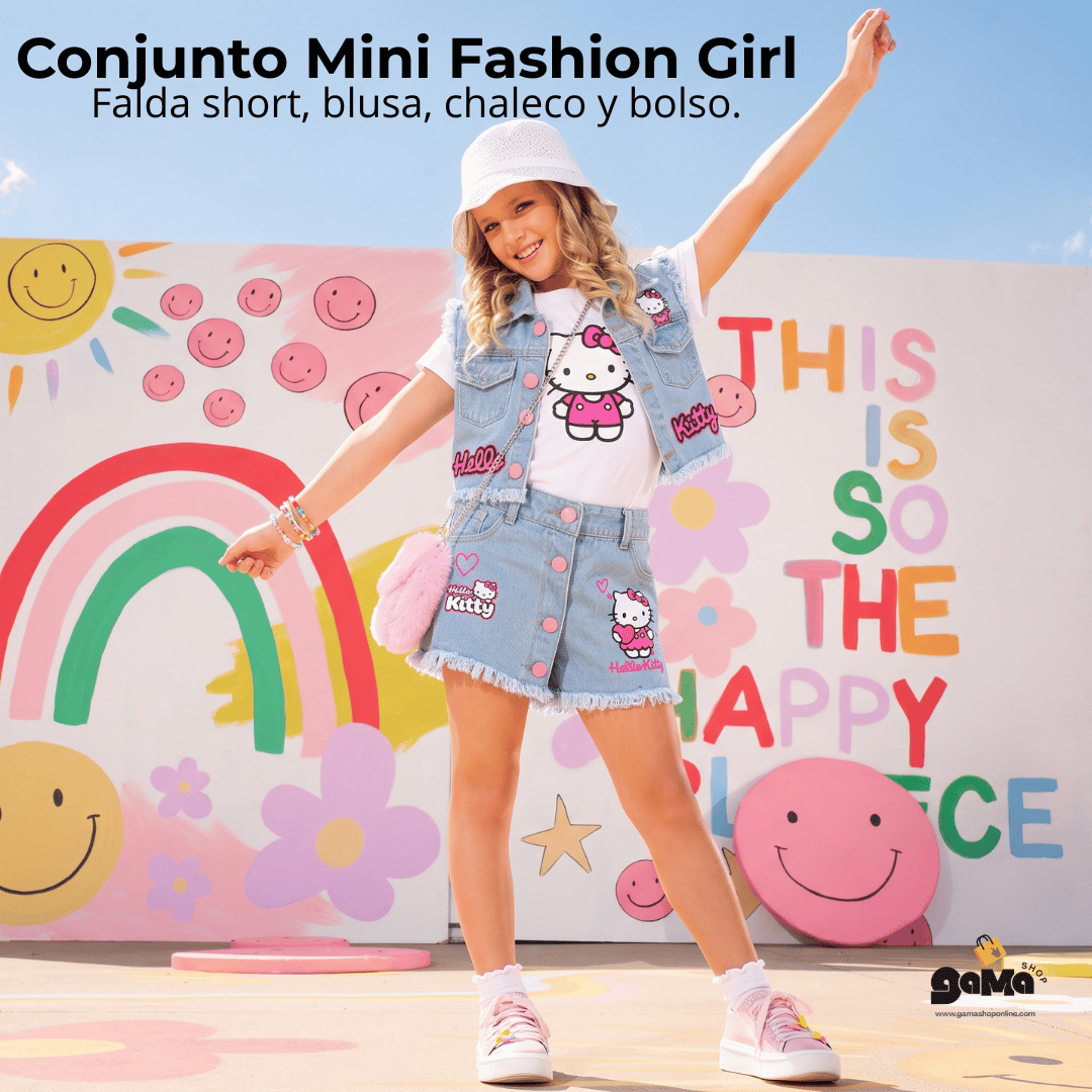Conjunto Mini Fashion Girl - Falda short, blusa, chaleco y bolso.