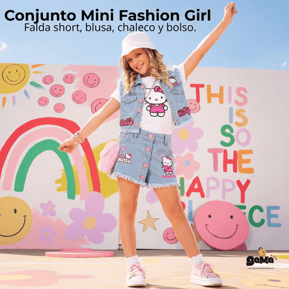 Conjunto Mini Fashion Girl - Falda short, blusa, chaleco y bolso.