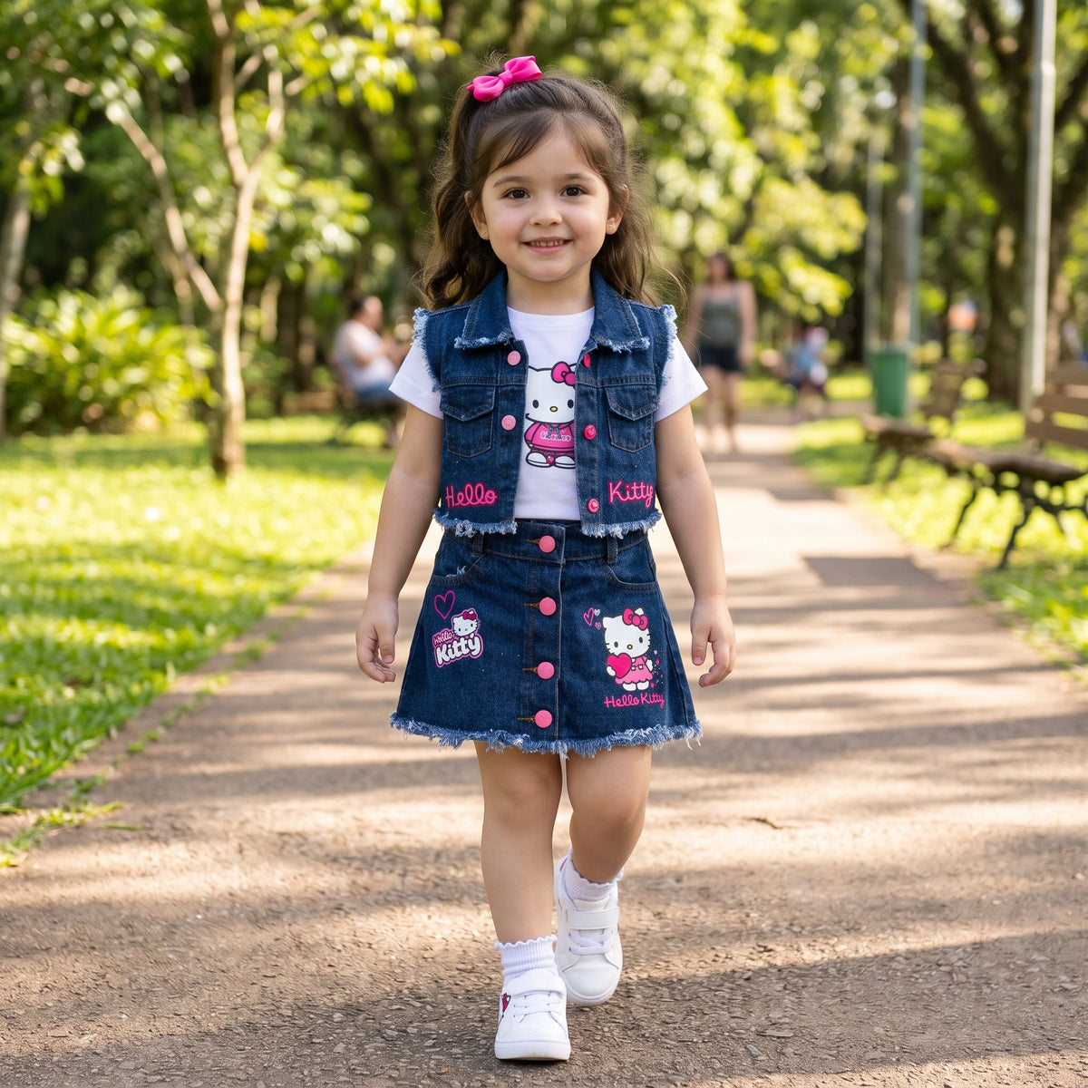 Conjunto Mini Fashion Girl - Falda short, blusa, chaleco y bolso.