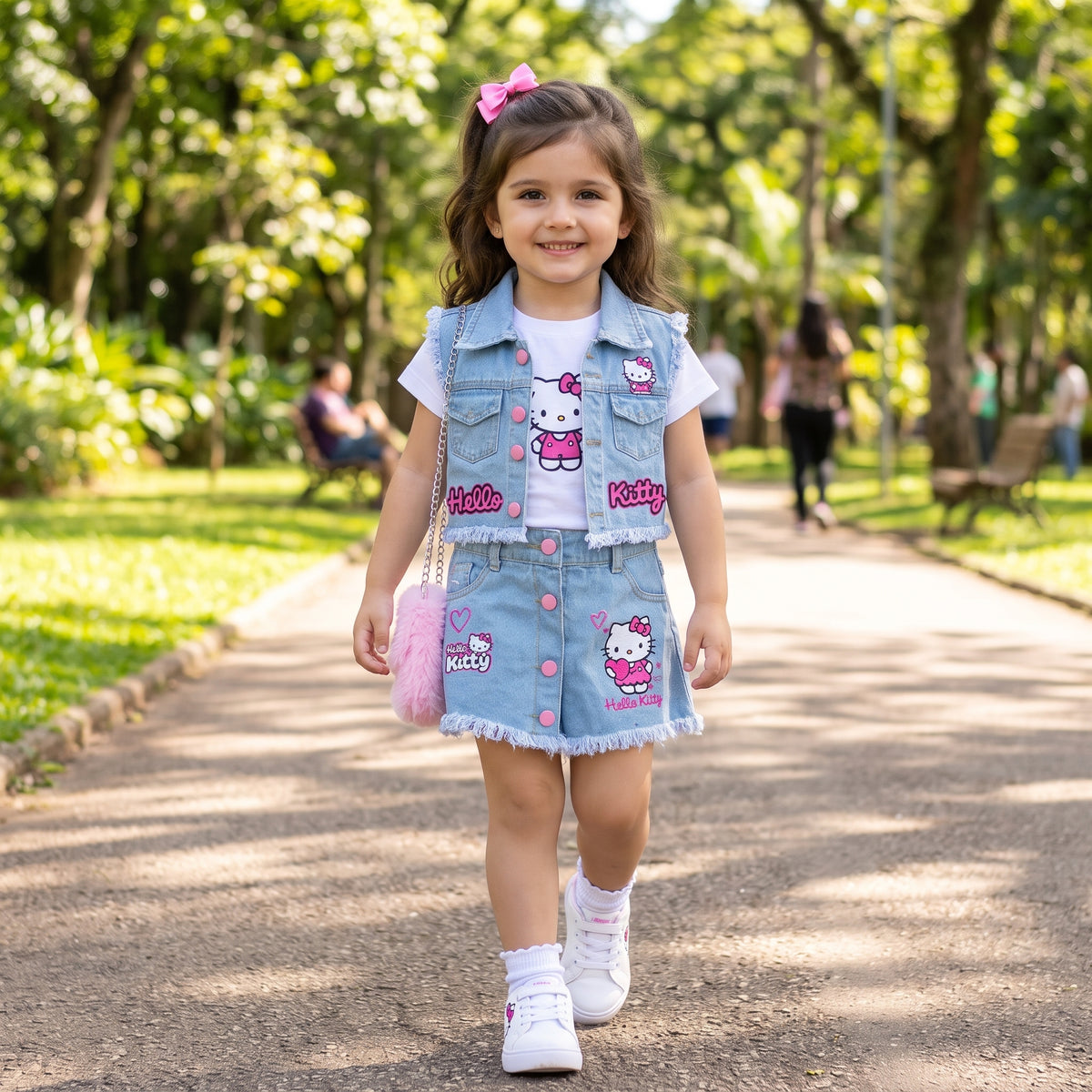 Conjunto Mini Fashion Girl - Falda short, blusa, chaleco y bolso.