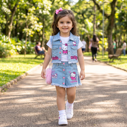 Conjunto Mini Fashion Girl - Falda short, blusa, chaleco y bolso.