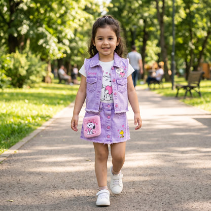 Conjunto Mini Fashion Girl - Falda short, blusa, chaleco y bolso.