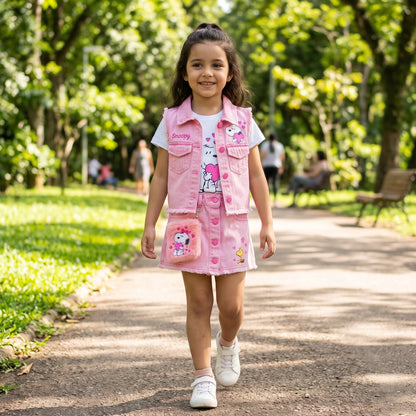 Conjunto Mini Fashion Girl - Falda short, blusa, chaleco y bolso.